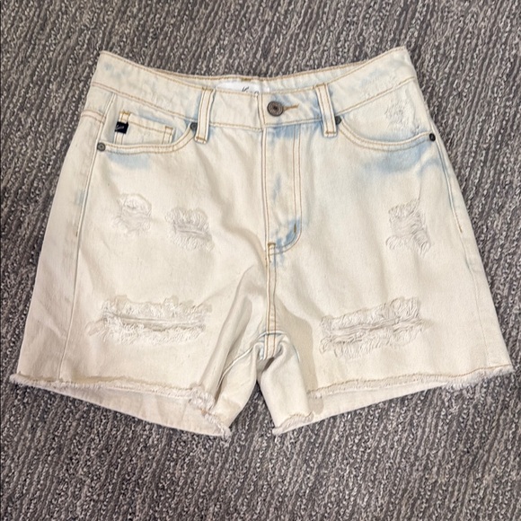 KanCan Pants - KanCan Blue and White Jean Shorts Distressed Frayed Hem